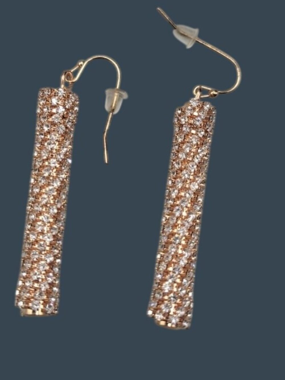 Vintage Gold Tone Clear Rhinestone Cylinder Dangle Hook Earrings Pierced Ears